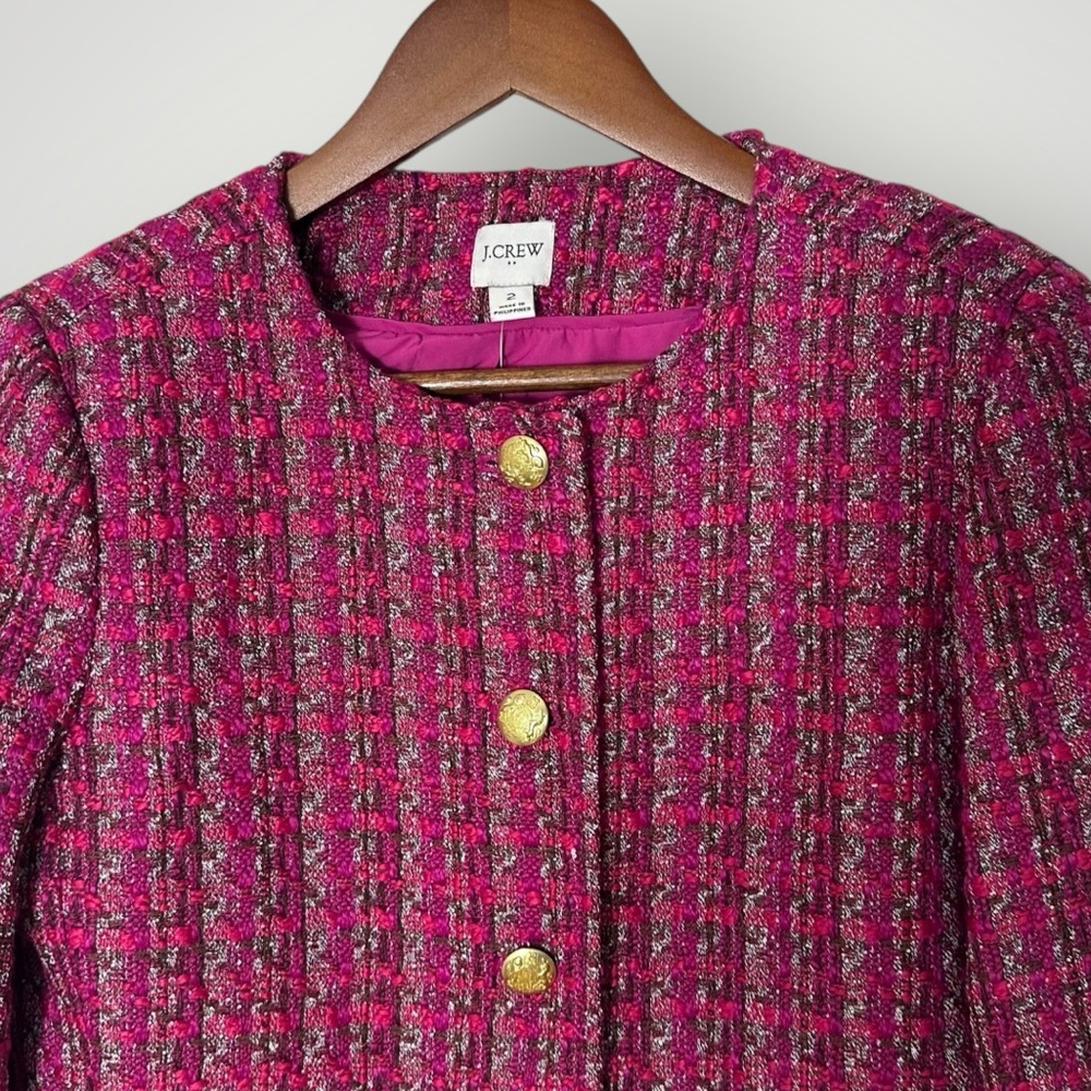 J.Crew Pink Tweed Lady Jacket Size 2 Gold Crest Buttons Cropped Blazer BS928 New - Picture 7 of 14